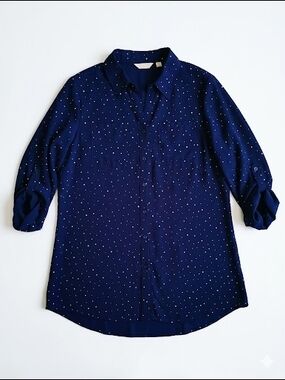 Coral Bay Women's Navy Blue Polka Dot Button-Down Blouse Sz L